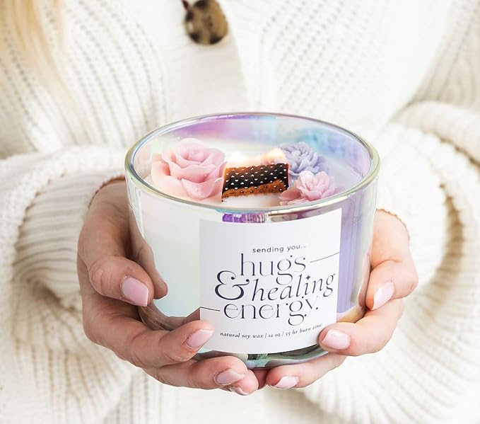 Sympathy Gifts for Loss of Loved One – Hugs and Healing Energy Sympathy Candle, 12oz Crackling Wood Wick Candle with Natural Soy Wax, Memorial & Grief Gift, Get Well Soon Gift
