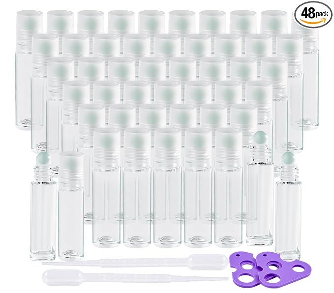 Hoa Kinh Roller Bottles for Essential Oils 10ml 48Pack Empty Clear Glass Perfume Roller Bottles with Frosted Glass Balls Refillable Roller Ball Applicator for Hair, Essential Oil