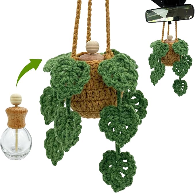 Crochet Car Air Freshener, 15ml Empty Refillable Oil Diffuser Bottle with Hanging Crochet Plant for Car Rearview Mirror Decor, Handmade Home&Office Decor