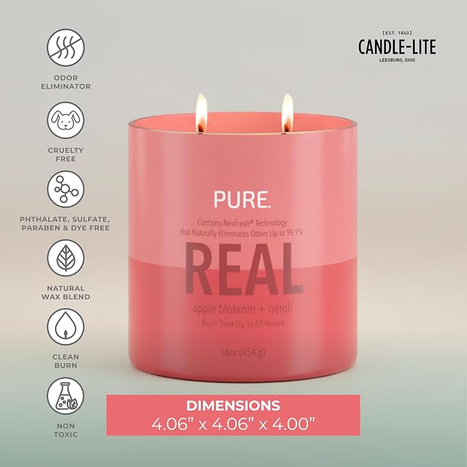 Candle-Lite Pure Apple Blossom & Neroli Odor Eliminating Scented Candles, Neofresh Technology Eliminates 99.9% of Odors, 16 oz 2-Wick Jar, Proudly Poured in The USA, Up to 60 Hours Burn Time