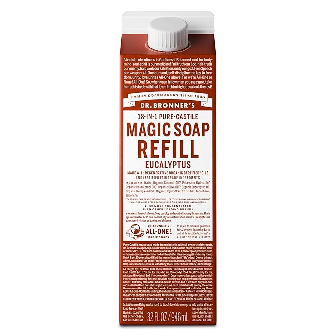 Dr. Bronner's Magic Soap-Pure-Castile Liquid Refill (Eucalyptus, 32 ounce, 1-Pack) - Regenerative Organic Certified Oils, For Body, Hair, Laundry, Pets & Dishes, Concentrated, Vegan, Non-GMO