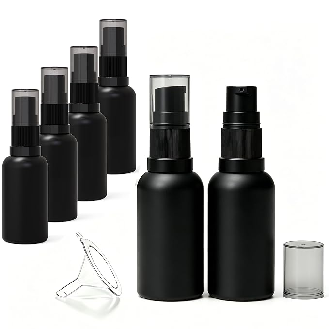 6 Pack Empty Travel Refillable Glass Pump Bottles Dispener 30ml/1oz, Matt Black Small Cosmetic Containers for Lotion,Cream,Essential Oil,Shampoo,Sercums (30ml Black 6pcs)
