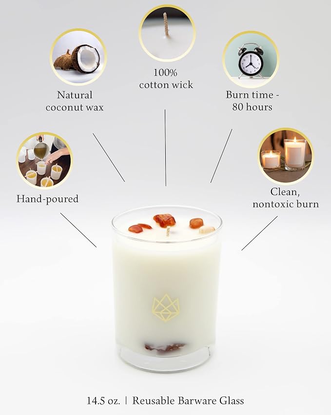 Luxury Glass Jar Candle, 14.5 OZ, Calm - Sodalite Healing Crystal Infused - Scents of Chamomile, Howood, & Sage - Destress, Insight, Serenity, & Peace - Coconut Wax, Essential Oils