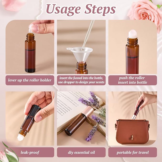 Domensi 50 Pack 10ml Rose Quartz Roller Bottles for Essential Oils, Refillable Amber Glass Roll on Bottles Kit, Leak-proof for Travel, Aromatherapy, DIY Perfume & Gifts