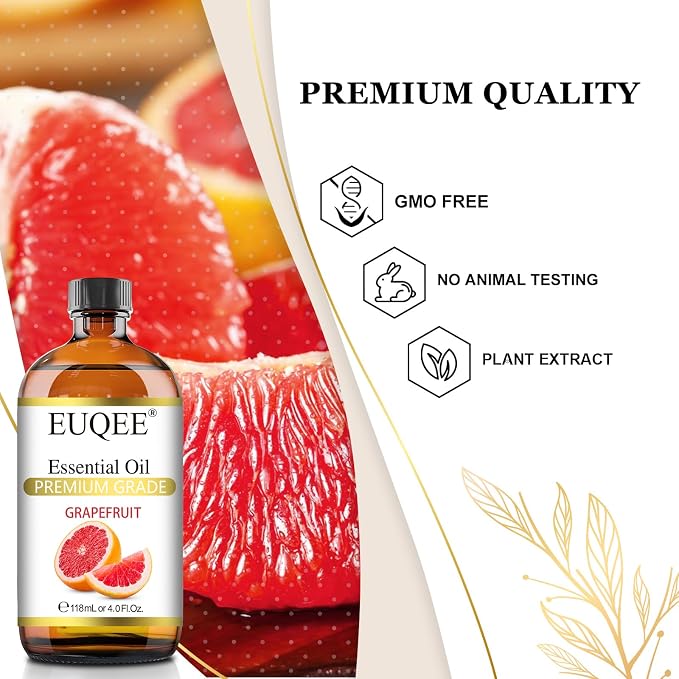 EUQEE Grapefruit Essential Oil 118mL Pure Grapefruit Oil, Large Capacity Essential Oil with Glass Dropper for Diffuser, Aromatheraphy, DIY Soap (4fl.oz)
