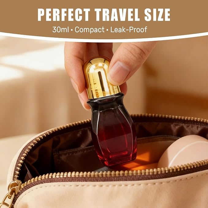 Rose Quartz Roller Waisted Bottles for Essential Oils,30ml Refillable Amber Glass Roll On Bottles with Natural Crystal Roller Balls, Leak-Proof Travel Perfume Bottle with Gold Caps