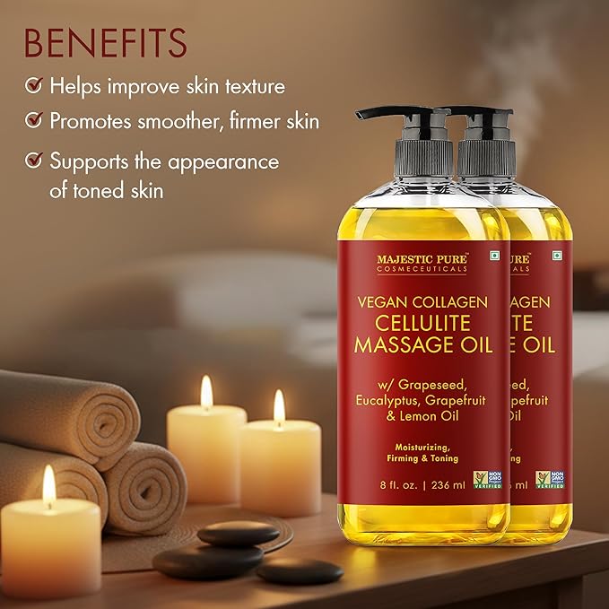 Majestic Pure Cellulite Massage Oil for Massage Therapy- Refreshing and Relaxing- Natural Oils with Grapeseed, Eucalyptus & Lemon Oil- All Skin Types- Men and Women Massage Lotion- 8 fl oz (Pack of 2)