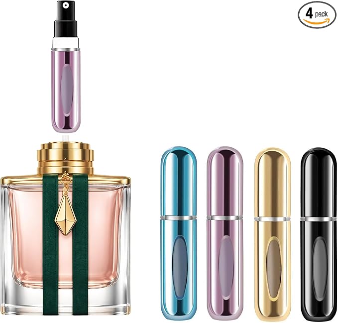 4 Pcs Refillable Perfume Atomizer, Travel Perfume Bottle Refillable and Leak-Proof, Portable Empty Cologne Atomizer, Mini Refillable Perfume Bottle for Pocket, Easy to Refill Decant Sprayer (10 ml)