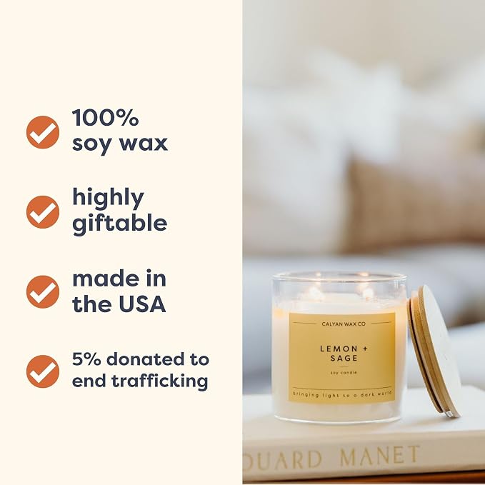 Calyan Wax Co. Lemon & Sage 2 Wick Scented Candle - 37 Hour Burn - Luxury Clean Soy Wax Candles - Long Lasting Large Glass Jar Candle for Home - 8.8oz