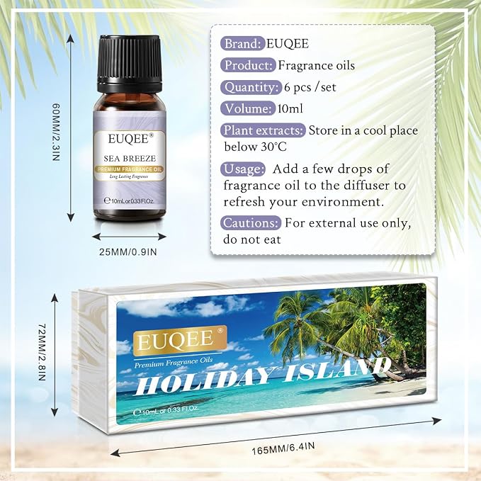 EUQEE Summer Fragrance Oil Gift Set of 6，Holiday Island Essential Oils Set for Humidifier, Aromarathepy-Pineapple, Coconut, Sea Breeze, Bubble Gum, Bay Rum, Marshmallow(10ml)