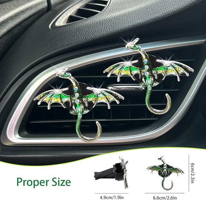 ORIESSE Dargon Air Vent Clips Car Air Freshener 2pcs Bling Green Dragon Car Accessories Enamel Fire Dragon Wyvern Vent Clips Refillable Essential Oil Outlet Diffuser Gothic Decor