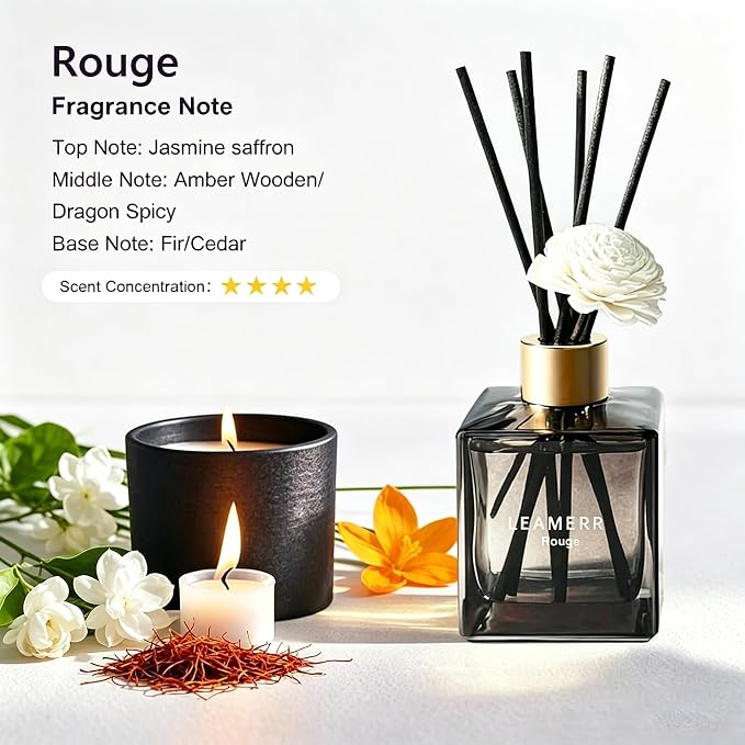 Reed Diffuser Set, 6.1 oz (180 ml) Rouge Scented Diffuser with Sticks Long-Lasting Home Fragrance Reed Diffuser for Home Room Office Bathroom Shelf Decor