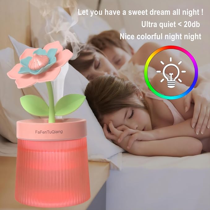 Bedroom Mini Humidifier Cute, Auto Shut Off 260ml With Flower, Cool Mist, 7 Colors Night Light, Quiet, Portable Ultrasonic Essential Oil Diffuser for Plants Office Travel