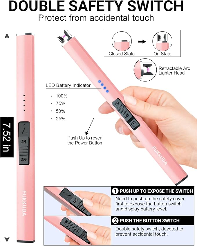 FUKKUDA Electric Candle Lighter with Safety Switch - USB Rechargeable Windproof & Flameless Plasma Arc Lighter for Easter Basket Stuffers (Rose Gold)
