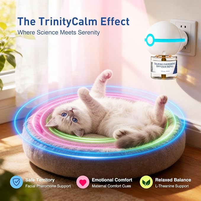 SHIORI TrinityCalm Cat Calming Diffuser Kit, Advanced 3-in-1 Pheromone & L-Theanine System for Multi-Cat Stress, Spraying, Fighting & Hiding, 60-Day Starter Kit