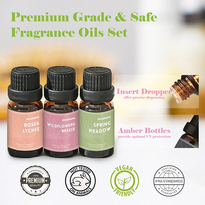 AmaKane Spring Fragrance Oil, Diffuser Oil Scents, Candle Scents for Candle Making, Soap Making Scents, Rose& Lychee, Wildflowers Breeze, Fresh Green, Pear& Freesia, More Essential Oils