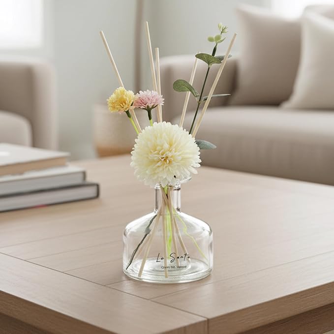 Reed Diffuser Set, Cotton Linen Scent, 8.5oz Glass Bottle with Decorative Flower & Natural Sticks - Flameless Home Fragrance for Bathroom, Bedroom, Office, Gifts