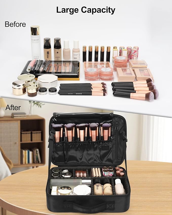 Relavel Makeup Bag Train Case for Women Travel Cosmetic Organizer with Adjustable Dividers and Brush Compartment, Large Storage Box for Cosmetics, Toiletries, Nail Polish, Jewelry, Electronic (Black)