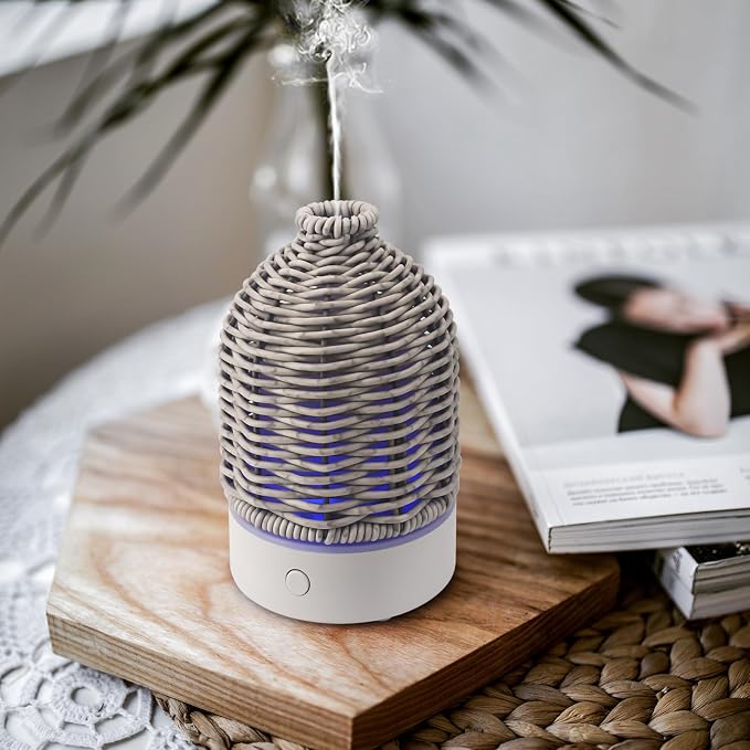 VICTORIA AROMA Essential Oil Diffuser - Multifunction Aromatherapy Diffuser 7 LED Color Changing Light 100ML Rattan Diffuser Easy to Clean Suitable for Home,Office (Grey)