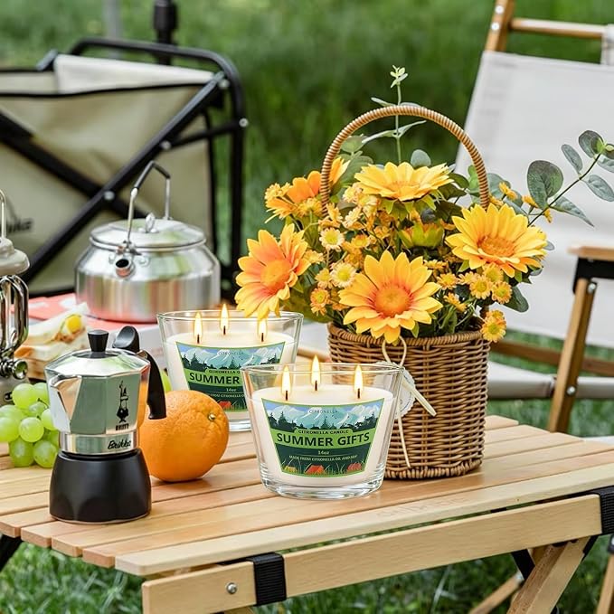 2x14oz Large 3-Wick Outdoor Indoor Citronella Candles,Natural Soy Wax Candles in Glass Jar,Bulk for Garden Yard Home Balcony Camping Backyard,Summer Candle Bulk for Home, Long Burning