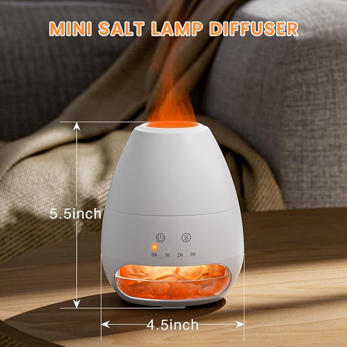 Ultrasonic Essential Oil Diffuser with Himalayan Salt Rock,Flame Diffuser with 2 Color Light,Aromatherapy Oil Diffuser with Auto Off Function for Home, Office,Spa,100ML