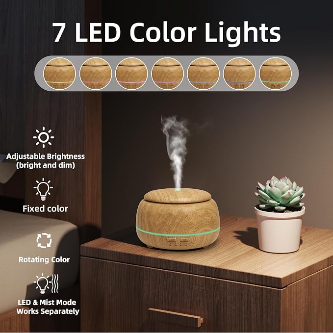 SPLITSKY 300ML Essential Oil Diffusers for Home,Ultrasonic Aromatherapy Diffuser with Remote,7 Color LED Lights,4 Timers,8 Hours Quiet Operation,Auto-Off,for Bedroom, Home,Office(Light Wood)
