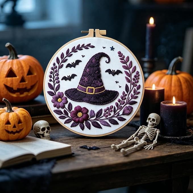 FONNUY Halloween Embroidery Kits for Beginners,Skull Pumpkin Spider Web Floral Stamped Cross Stitch Kit for Adults, Spooky Season Boho Wall Decor, 8'' Hoop (Witch Hat)