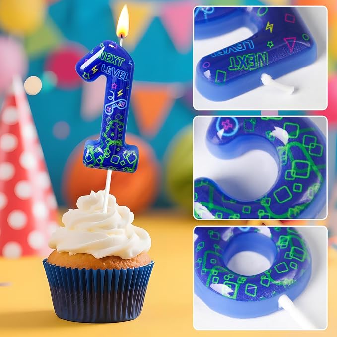 Number 1 Birthday Candle for Cake – Blue Gaming Theme Number Candle with “Next Level” Design, Video Game Style Cake Topper for Anniversary & Celebration