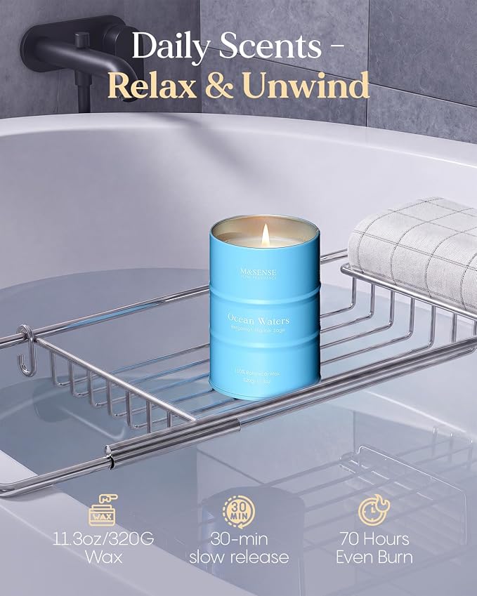 M&SENSE Ocean Waters Scented Candles Summer Soy Candle,Beach Candle for Stress Relief Meditation Relaxing, Housewarming Gifts for Women Men, 11.3oz 70 Hour Long Burning