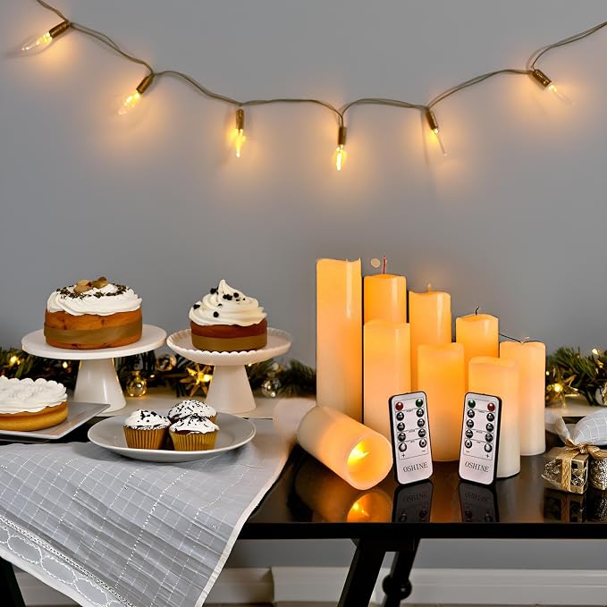 OSHINE Flameless Battery Operated Candle, LED - Set of 9 Flickering Pillar with 10-Key Remote & 24 Hours Timer, Ivory Real Wax Candles for Home Decor