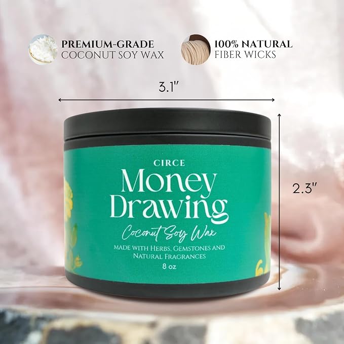 Circe Spell Candle “Money Drawing” Coconut Soy Wax Candle Jar– Premium Hand Poured & Long Burning– Herbs, Crystal & Natural Fragrance Oils- Manifest Wealth, Abundance, & Opportunity - Gift - 8oz