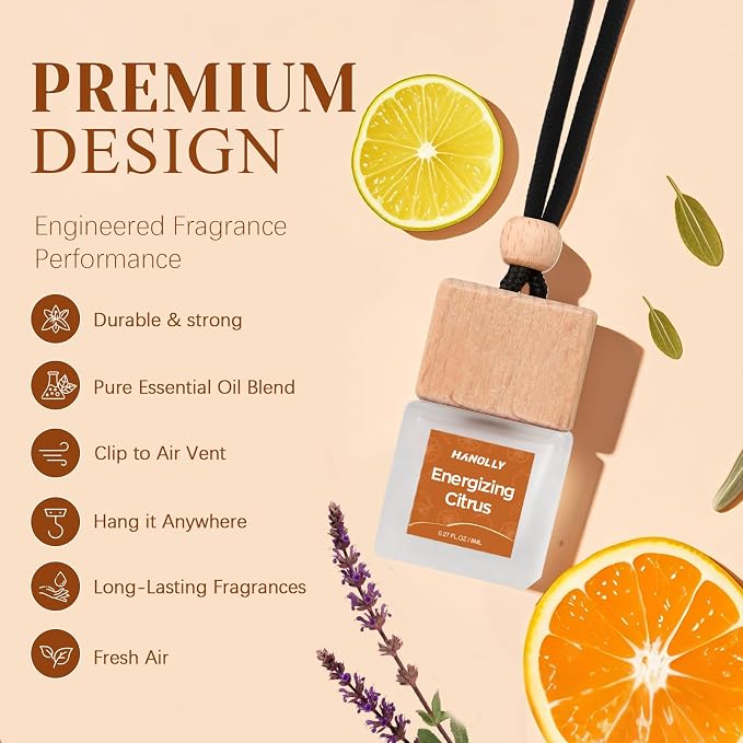 HANOLLY Car Air Freshener Hanging 2 Pack – Energizing Citrus Car Freshener Diffuser, Fall Car Air Freshener for Women and Men, Lasting up to 45 Days.0.27 FL OZ/8ML