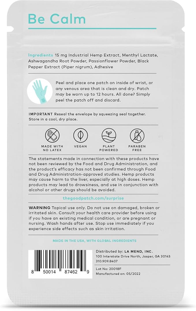 The Good Patch Be Calm Patch with Hemp, Unwind + Decompress, Natural Patch with Hemp Extract, Ashwagandha Root, Passionflower, Plant Powered Wearable Wellness, Sustained Release (24 Total Patches)