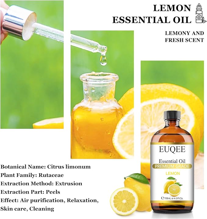 EUQEE Lemon Essential Oil with Glass Dropper, Great for Aromatherapy, DIY Soap, Humidifier, Candle Making(4Fl oz/118mL)