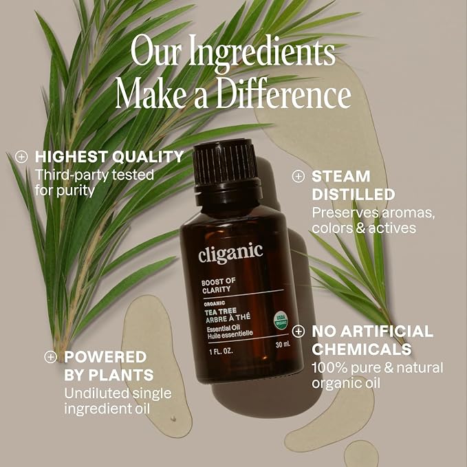 Cliganic Organic Tea Tree Essential Oil – 100% Pure & Natural Essential Oil, USDA Certified, Non-GMO Verified, Vegan & Cruelty-Free | for Aromatherapy, Diffuser, Skin, Hair & Nails