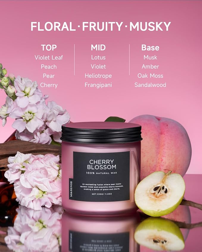 M&SENSE Cherry Blossom Home Scented Candles, 11.6oz Natural Soy Wax, Non-Toxic Clean Burning, 70-Hour Burn Time, Spring Floral Aromatherapy for Stress Relief & Relax, Relaxing Candle Gifts for Mom