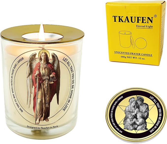 Tkaufen Saint Archangel Michael Candle 50 Hours with Warmer Ring│Hand-Poured Soy Wax│Protection from Terror, Evil Banishing, Spiritual Warrior, Energetic Cleansing, Defender│Design in Paris│3“×3.6”