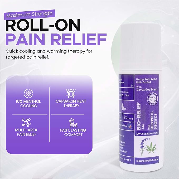 BioRelief Nighttime Maximum Strength Hemp Pain Relief Roll-On Gel w/Soothing Lavender Scent – Overnight Cooling Menthol for Muscle & Joints – No-Mess, Fast-Absorbing Topical Pain Relief