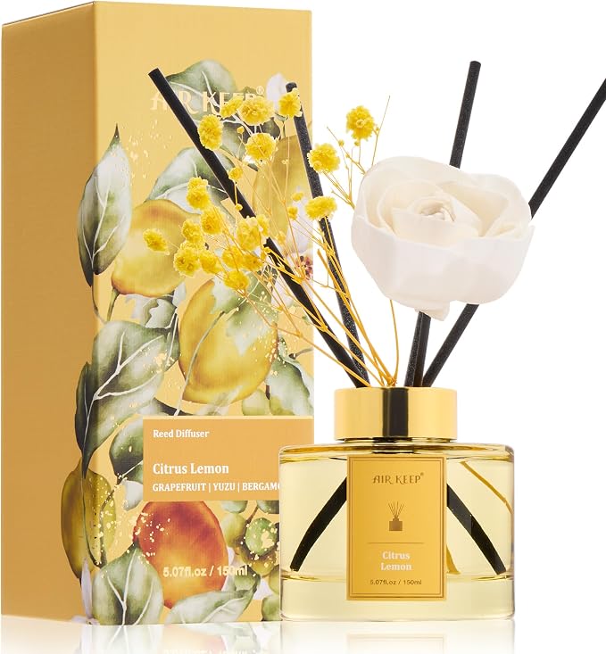 Airkeep Flower Reed Diffuser Set, Citrus Lemon Diffuser Set, 5.07 Fl.oz (150ml), Home Fragrance, Bathroom, Bedroom & Home Décor, Air Freshener