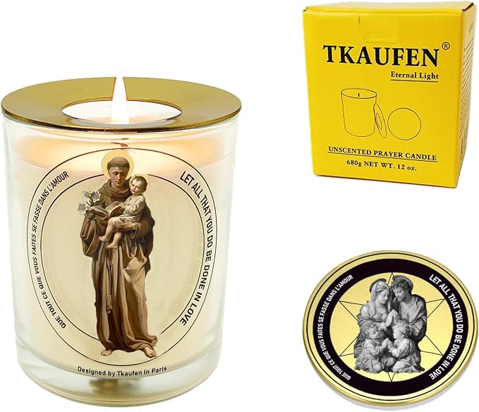 Tkaufen Saint Anthony of Padua Candle 50 Hours│Hand-Poured Soy Wax│Find Lost Item, Marriage Fertility Exam Blessing, Physical Ailment, Infant Protection, Job Search Miracle│Design in Paris│3“×3.6”