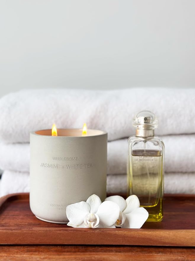 WHOLESOME. Jasmine White Tea Scented Non-Toxic Candles for Home, 2 Wicks Natural Coconut Wax Candle Eco-Friendly, Luxury Aromatherapy Candles Stress Relief, 16 oz Large Concrete Jar, 90 Hours Burn