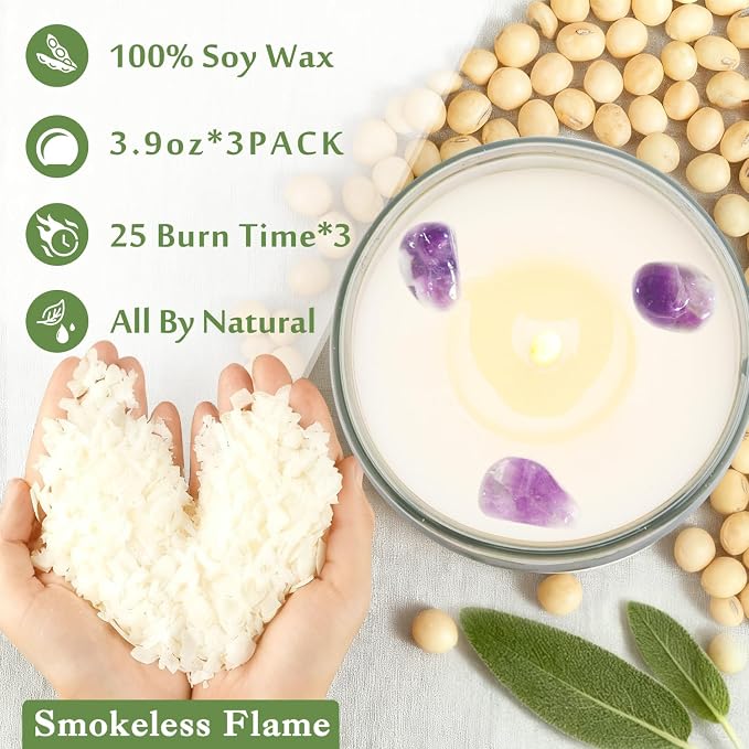 Candles, 3 Pack Sage Candle for Cleansing House Negative Energy, Scented Candles Gifts Set for Women, Crystal Candle Clearance with Crystal Healing Stones, Alternative to Smudge Sticks, Relax & Mind