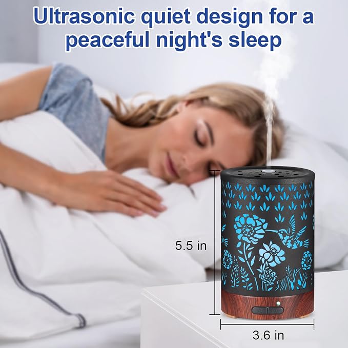 Essential Oil Diffuser- Aromatherapy Diffuser with7 Colors Light and Auto-Off for Women Metal Cool Mist Humidifier for Home and Office for Mom Women(Hummingbird)