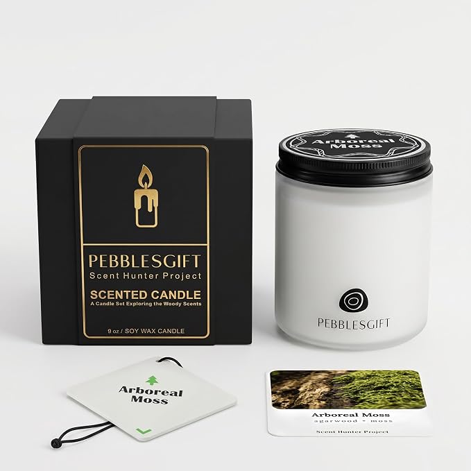 Arboreal Moss Woody Scented Candle 9oz Soy Wax Frosted Glass Jar for Home Decor - Scent Hunter Scented Card Included - Ideal Gift for Self-Care & Relaxation for Men & Women Gift
