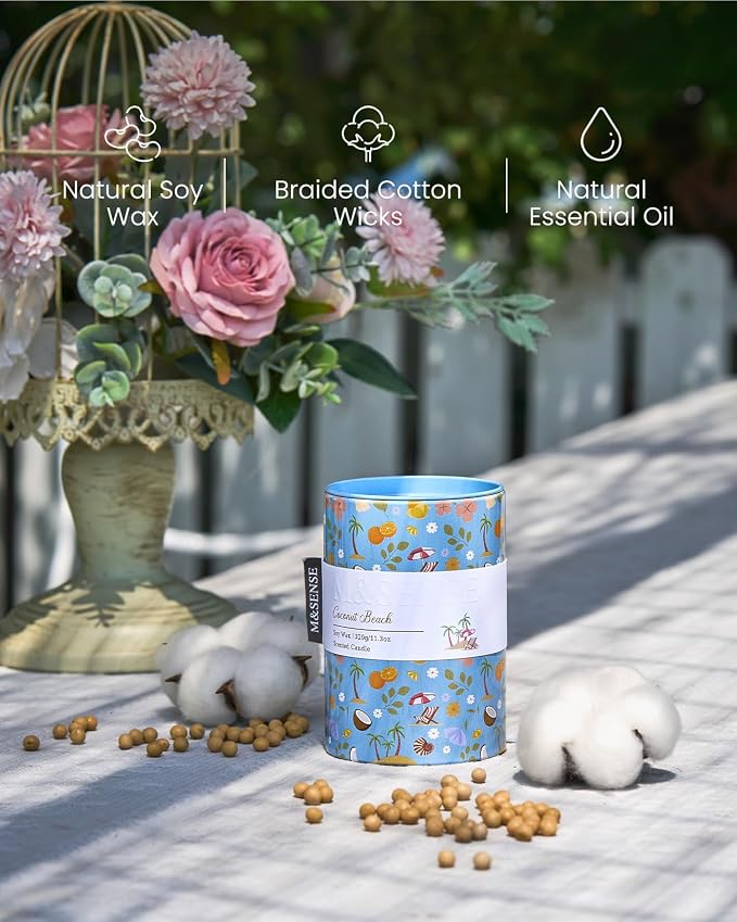 M&SENSE Summer Candle 11.3 oz, Coconut Beach Scented Candle, Non-Toxin Soy Wax for Home Scented, Ocean Candles Gift for Her, Up to 70 Hours Burning Long-Lasting Fragrance