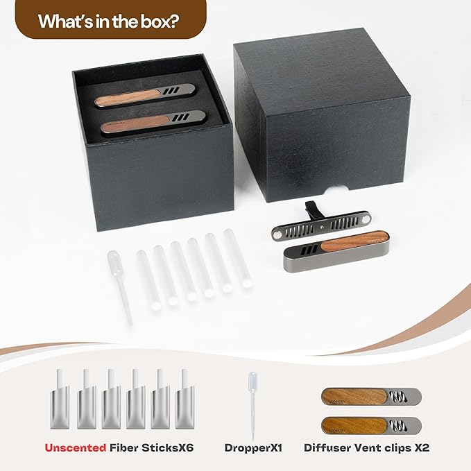 2 Packs Car Air Freshener Diffuser, Essential Oil Diffusers Vent Clip, Perfume Diffuser with 6 Refill Unscent Fiber Sticks, Premium Car Accessories, Metal & Wood design, Custom Scent, Gift For Men