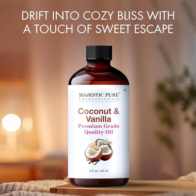 Majestic Pure Essential Oil with Glass Dropper - 100% Pure and Natural - Essential Oils for Diffuser, Aromatherapy, Soap and Candle Making, Coconut Vanilla Essential Oil, Coconut Vanilla Oil, 2 Fl Oz