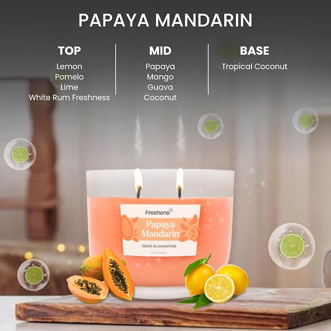Carolina Freshens Papaya Mandarin Odor Eliminating Highly Fragranced Candle for Home Scented, Eliminates 90% of Pet, Smoke, Food and Other Smells Quickly, 2 Wick, 14 oz - Made in the USA