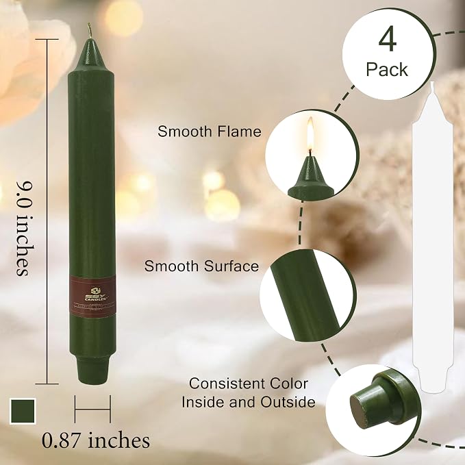 Olive Green Taper Candles Sticks Unscented 9 inch Tapered Candle Ideal as Dinner Smokeless Long Burning Candlesticks for Weddings Dinner Party Home Decor