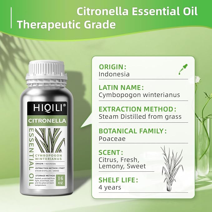 HIQILI 16 Fl Oz Citronella Oil for Homemade Sprays, Add to Diffuser